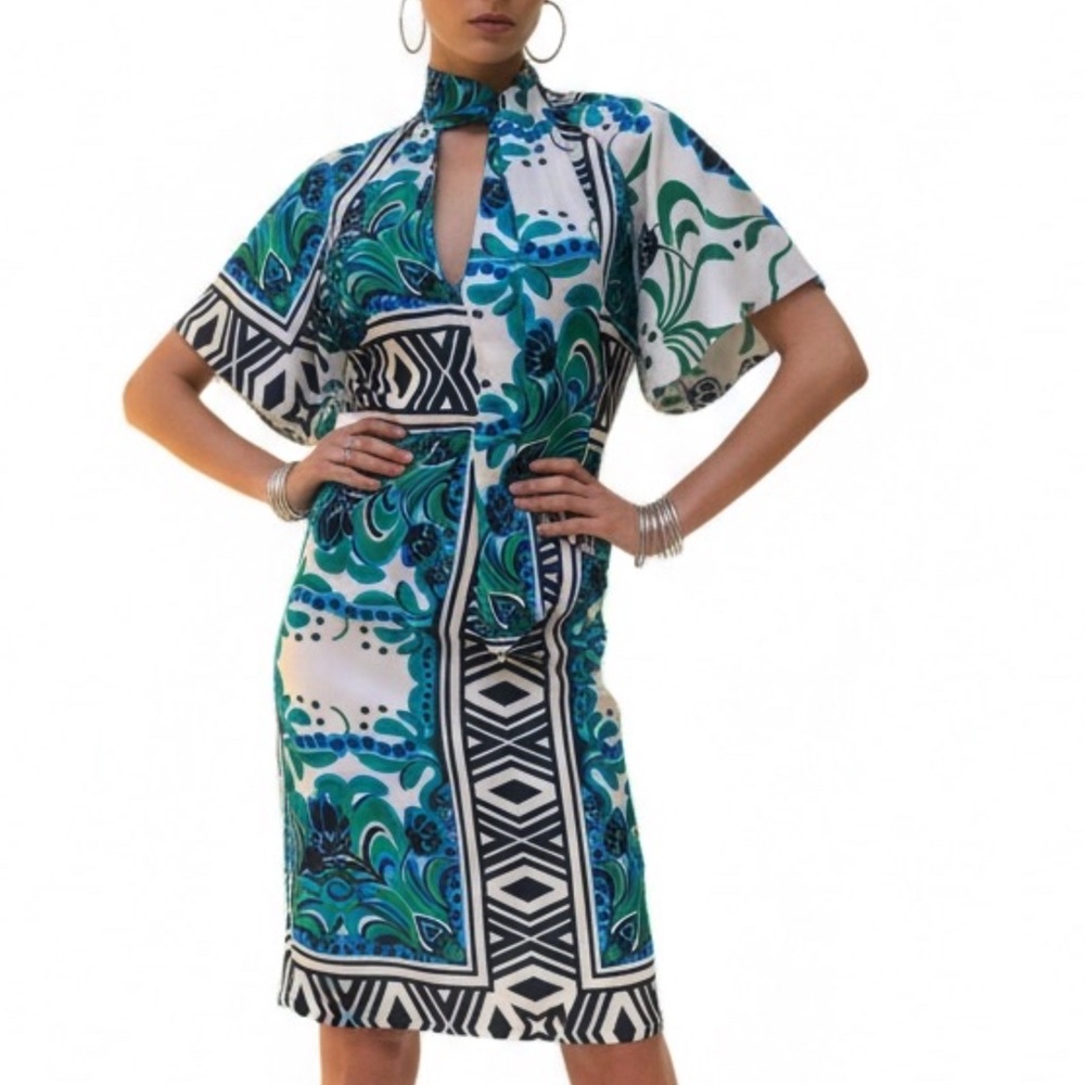 Vibrant Vintage Midi Dress in Blue and Green Paisley with a P-Bow